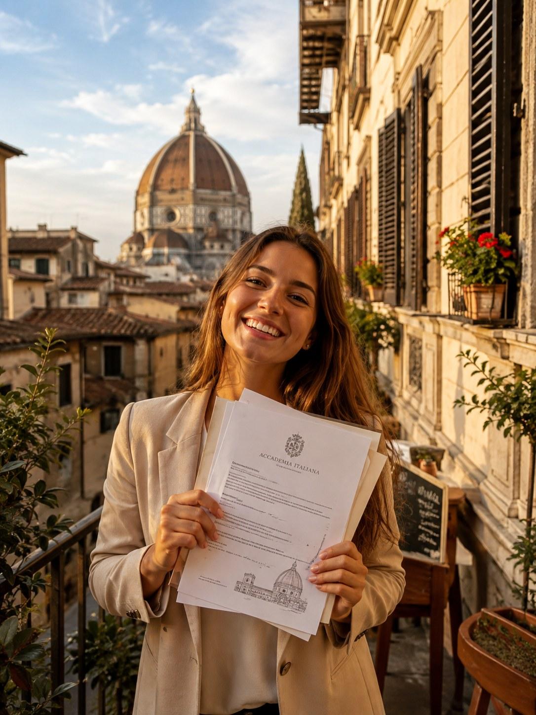 A student celebrating her university acceptance in Italy
